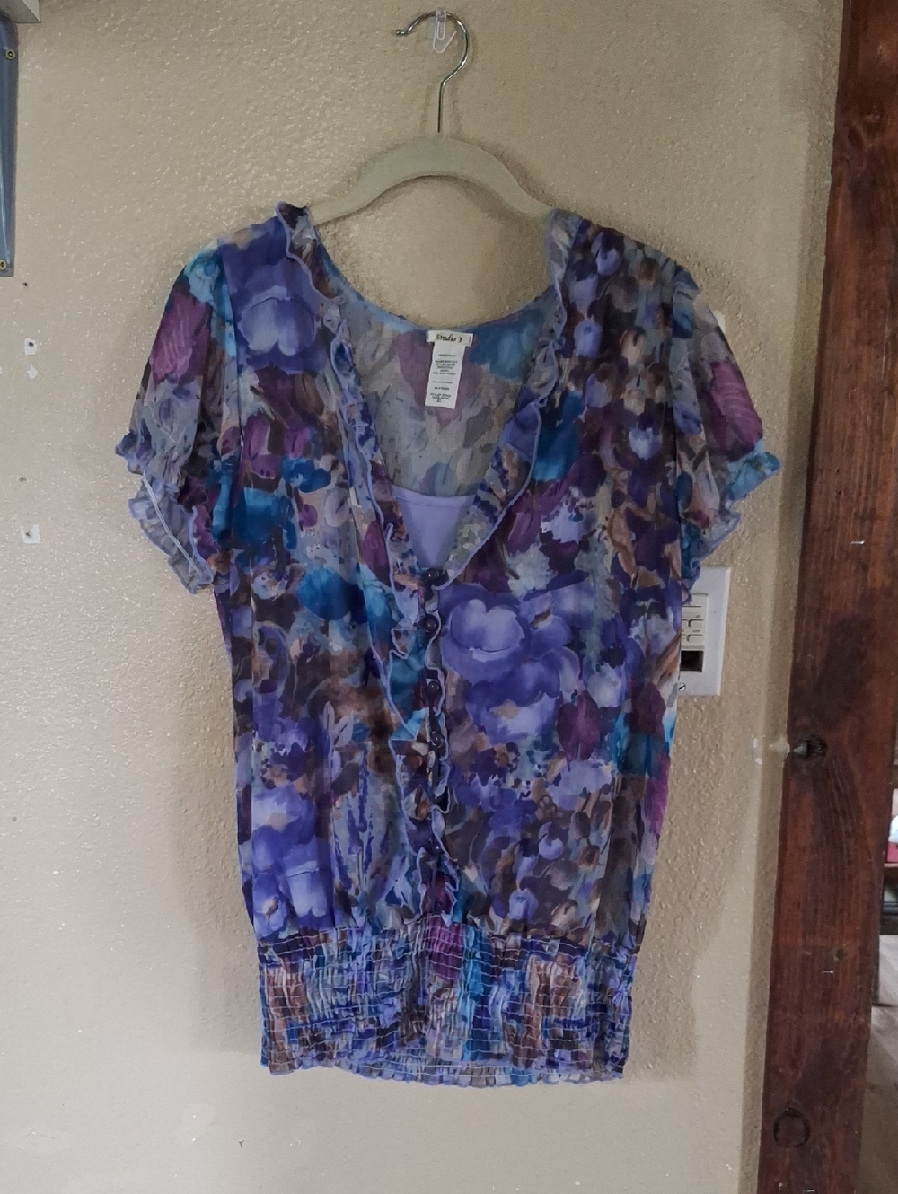 Studio Y Purple Floral Ruffle V-Neck Blouse with Inner Cami